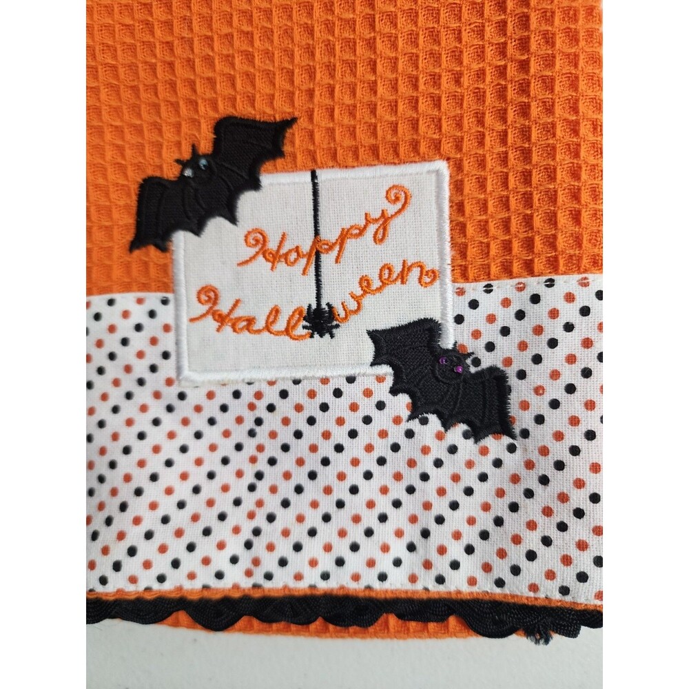 Happy Halloween Bat Embellished Embroidered Orange Waffle Fabric Hand Towel